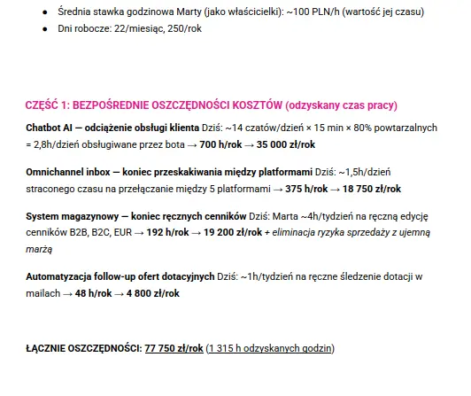 Szacunek opłacalności — przykładowy fragment raportu